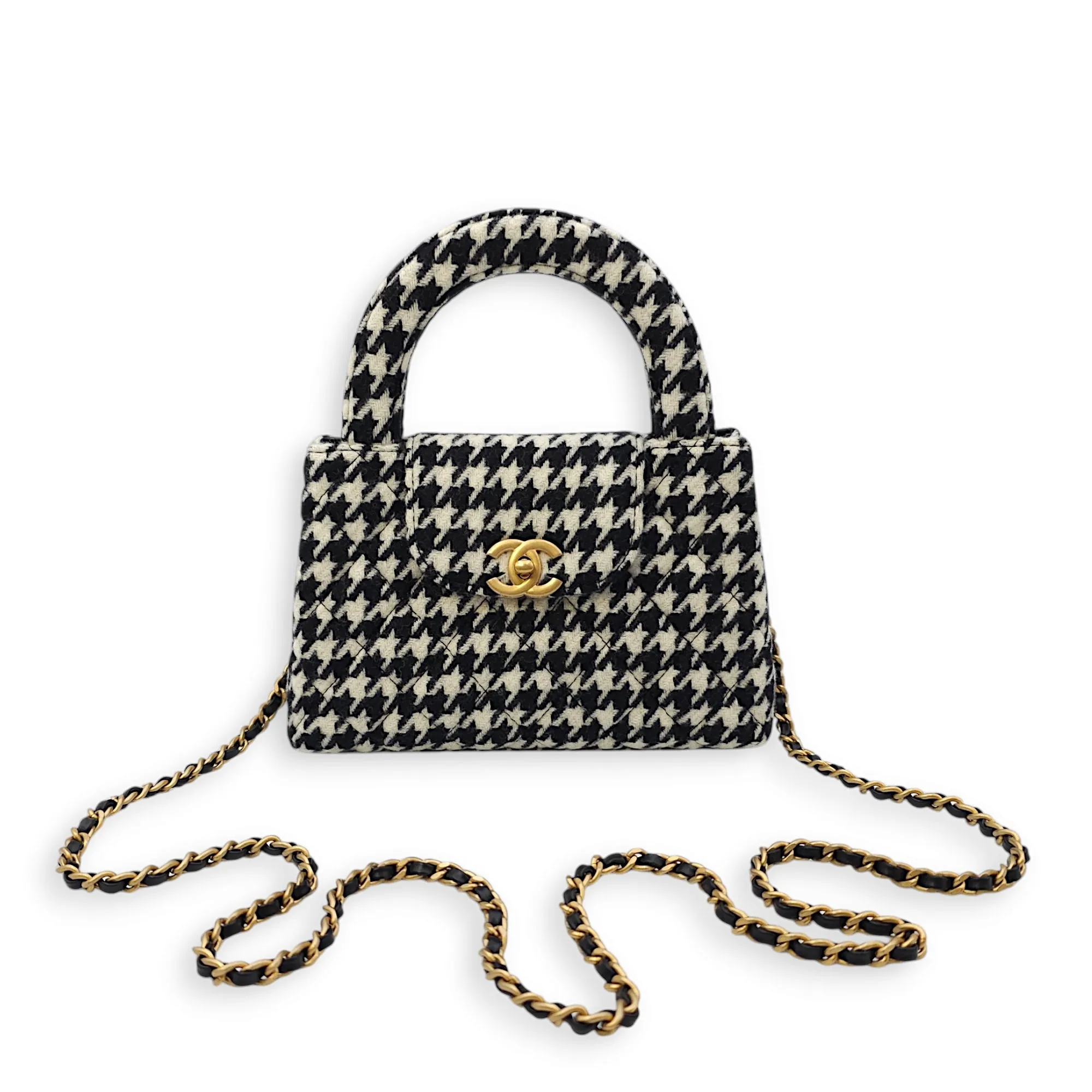 Houndstooth Kelly (19cm) Mini Multi-colour Crossbody Bag in Tweed, Gold hardware