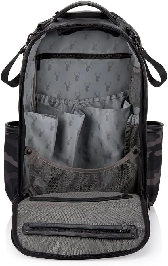 Itzy Ritzy Chelsea   Cole Diaper Bag Backpack - Large Capacity Boss Backpack Diaper Bag; Includes Changing Pad, Stroller Clips and Tassel, Camo with Stag Head Print Interior and Black Hardware
