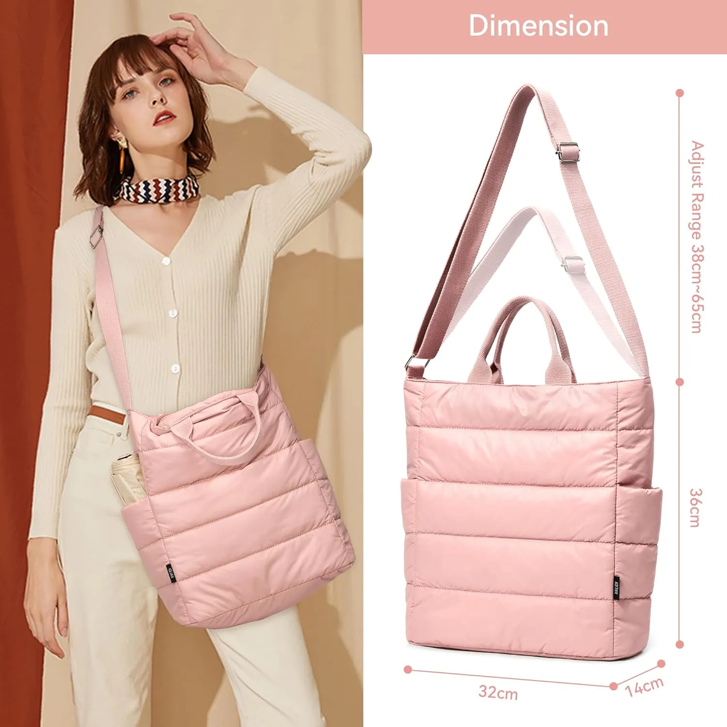 KALIDI Quilted Tote Bag, Puffer Hobo Laptop Bag Anti Splash Crossbody Zipper Shoulder Bag Large Casual Work Daily Women