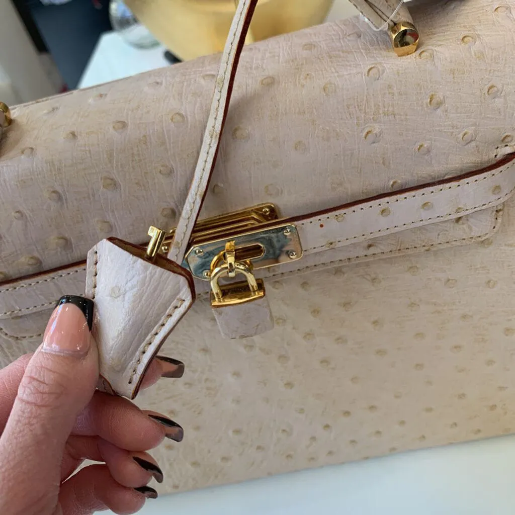 Kelly Bag by Des Rosa Beige Genuine Ostrich Leather Handbag