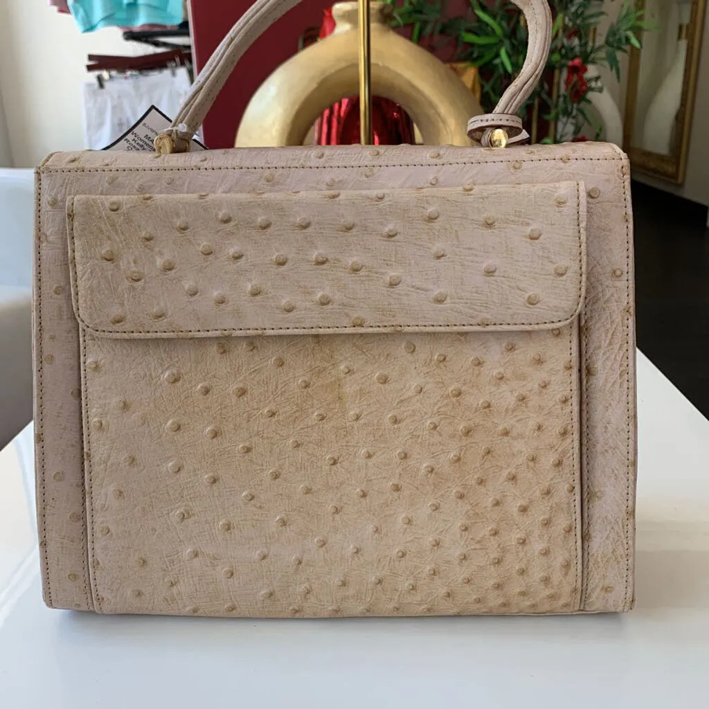 Kelly Bag by Des Rosa Beige Genuine Ostrich Leather Handbag