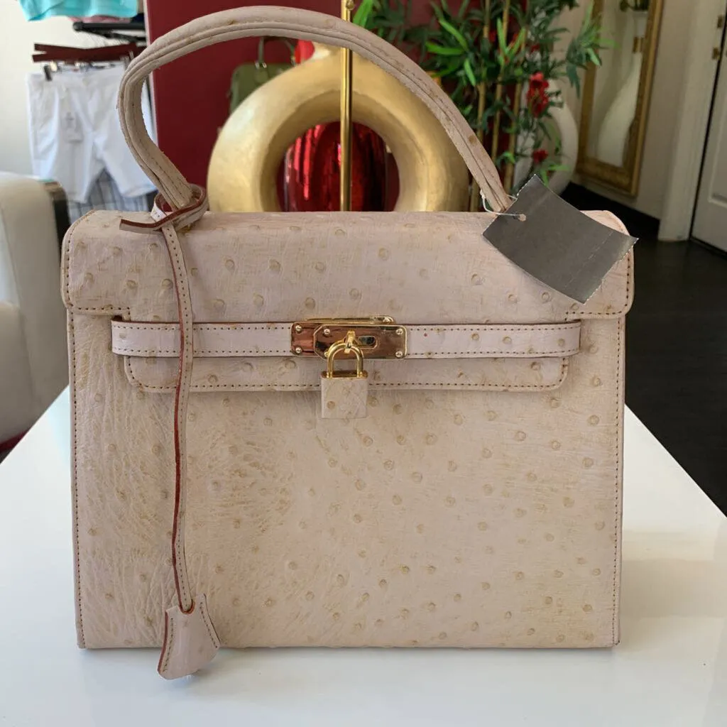 Kelly Bag by Des Rosa Beige Genuine Ostrich Leather Handbag