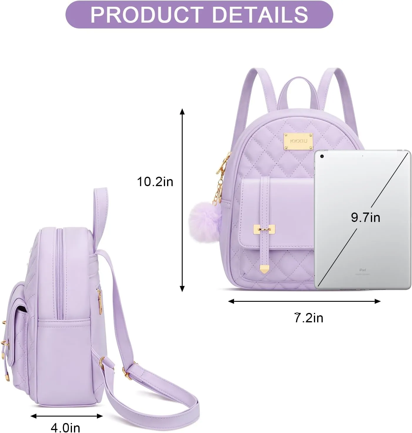 KKXIU Girls Small Backpack Purse Vegan Leather Quilted Mini Daypack for Women Trendy Bookbag (Purple)
