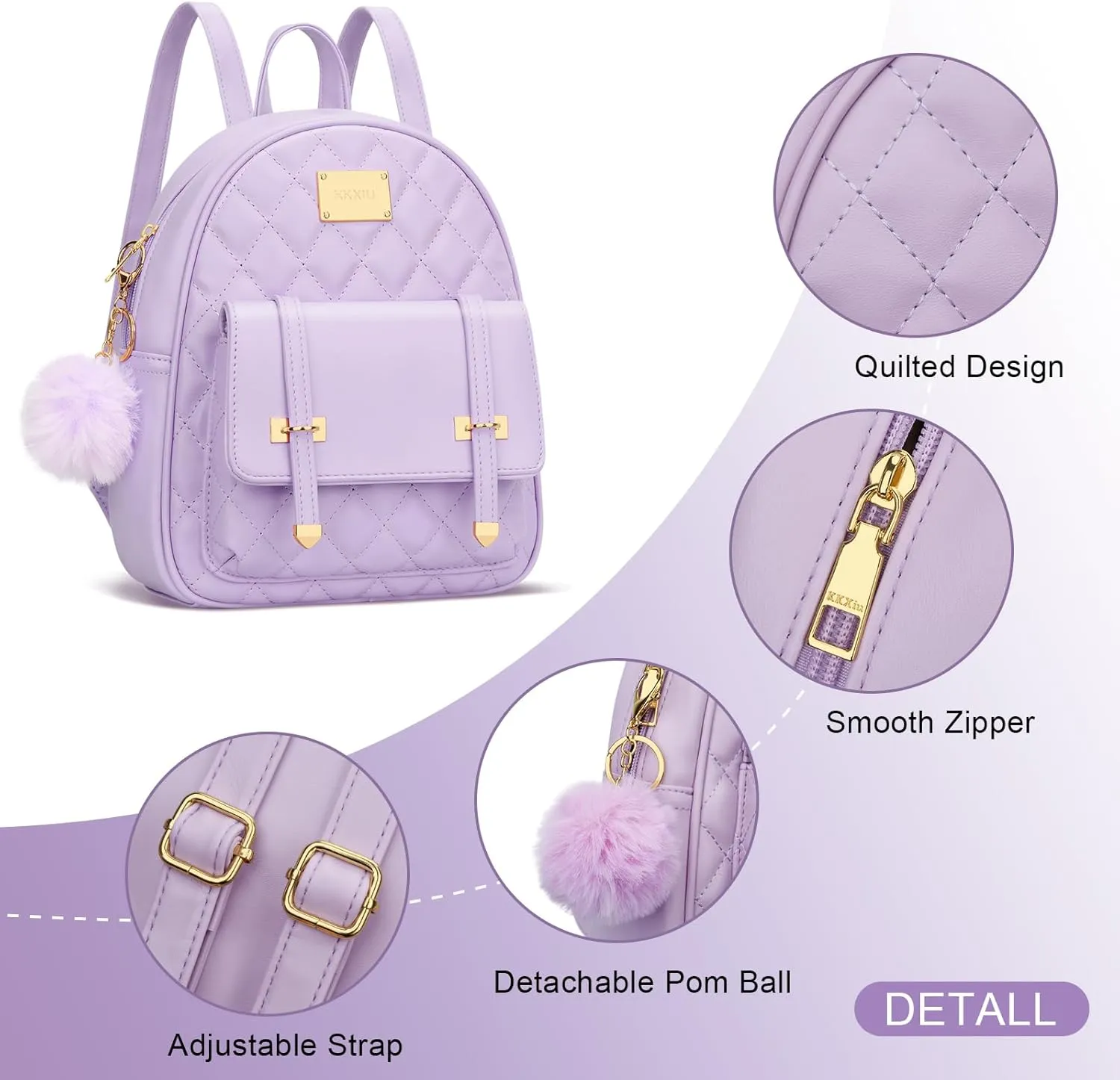 KKXIU Girls Small Backpack Purse Vegan Leather Quilted Mini Daypack for Women Trendy Bookbag (Purple)