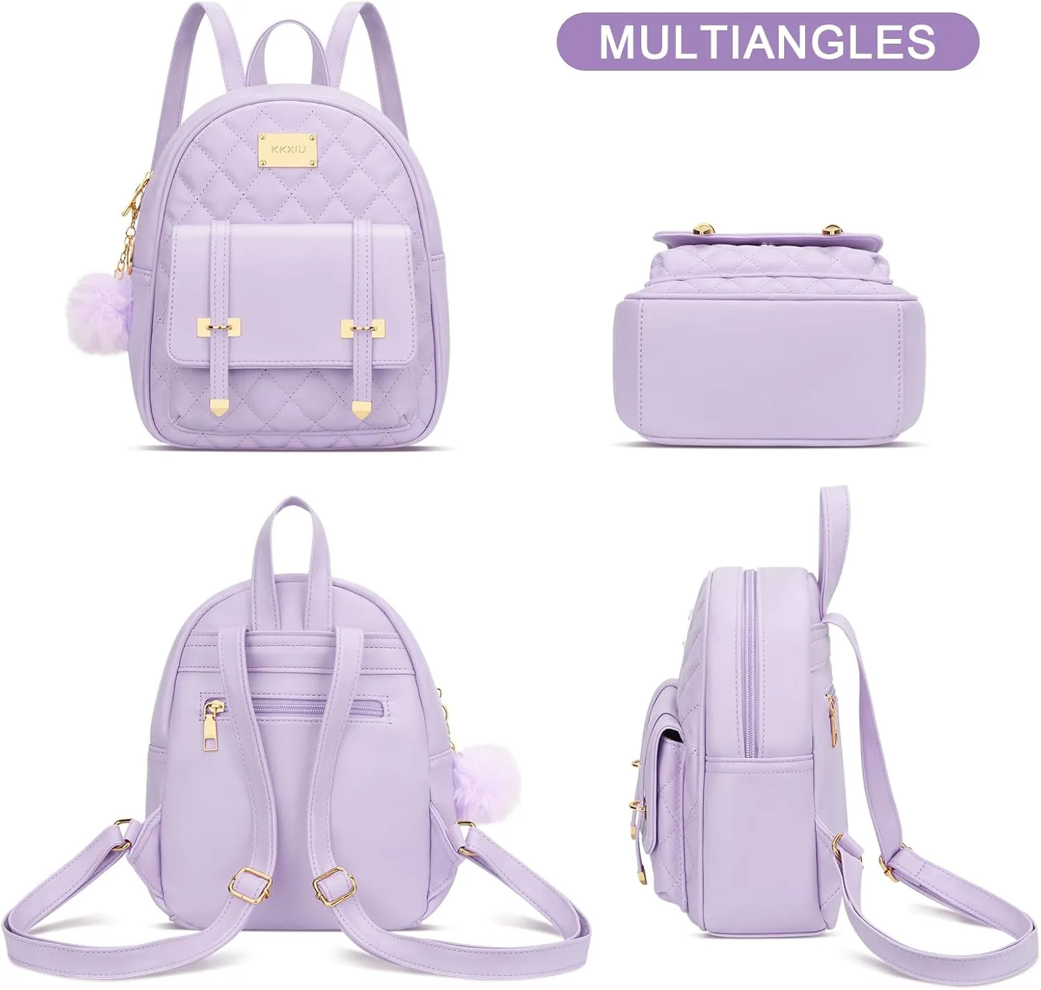 KKXIU Girls Small Backpack Purse Vegan Leather Quilted Mini Daypack for Women Trendy Bookbag (Purple)