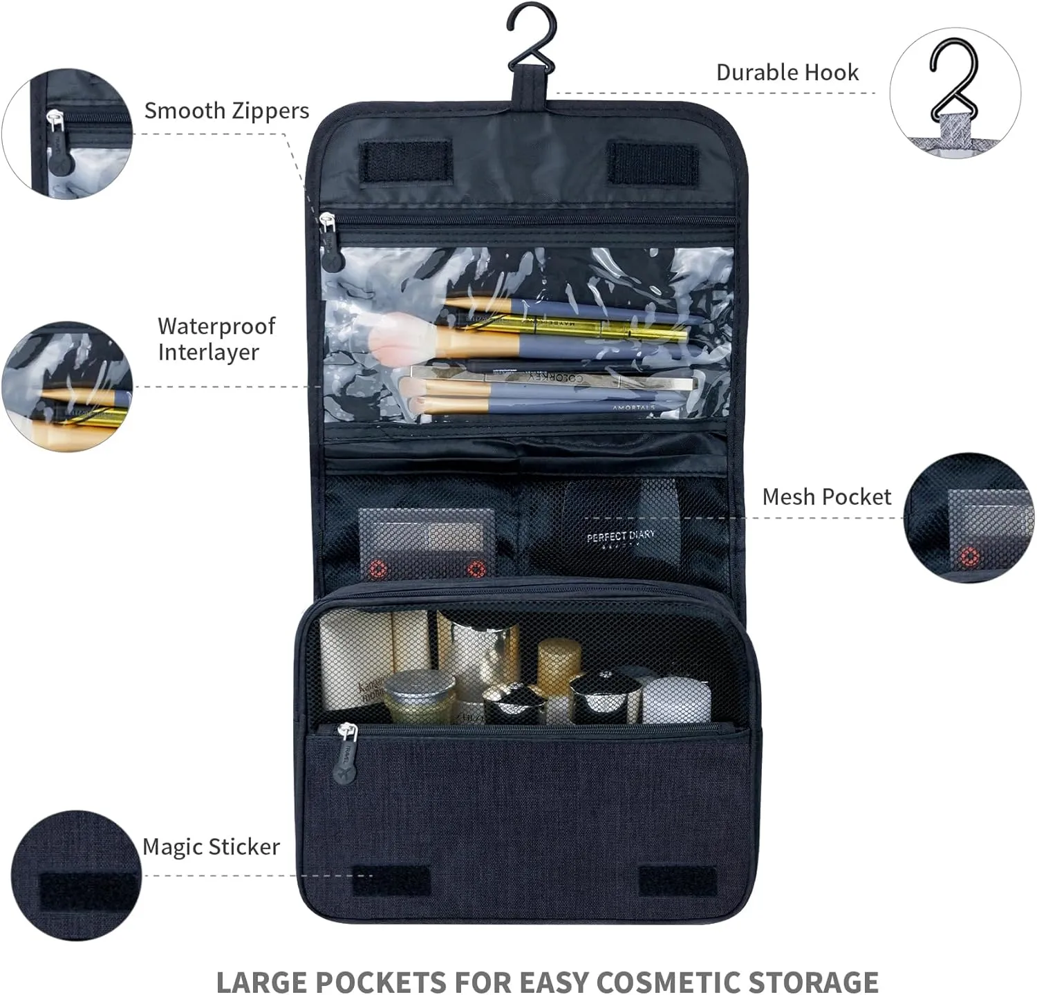 Large Capacity Toiletry Bag Travel Bag with Hanging Hook for Men and Women Waterproof Travel Cosmetic Bag Bathroom,with White Bag is Automatically Closed for Headset Lipstick Jewelry