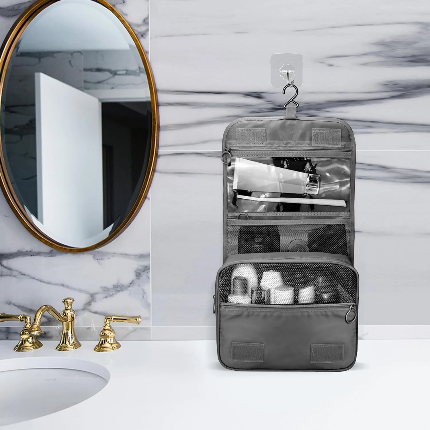 Large Capacity Travel Toiletry Bag with Hanging Hook for Men and Women Waterproof Travel Bathroom Storage Bag for Brushes Set,Mens Bathroom Bag Accessories-Black