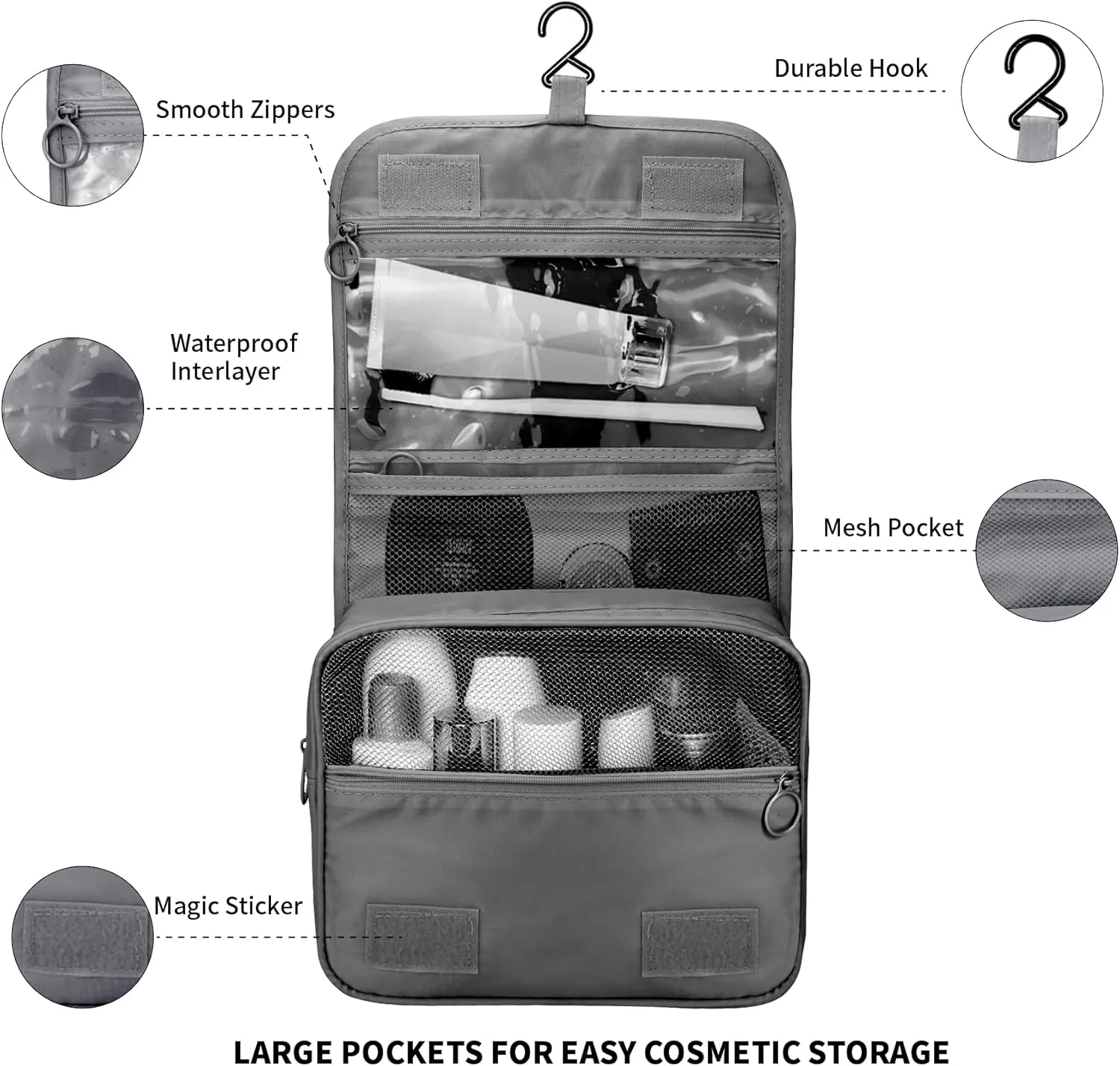 Large Capacity Travel Toiletry Bag with Hanging Hook for Men and Women Waterproof Travel Bathroom Storage Bag for Brushes Set,Mens Bathroom Bag Accessories-Black