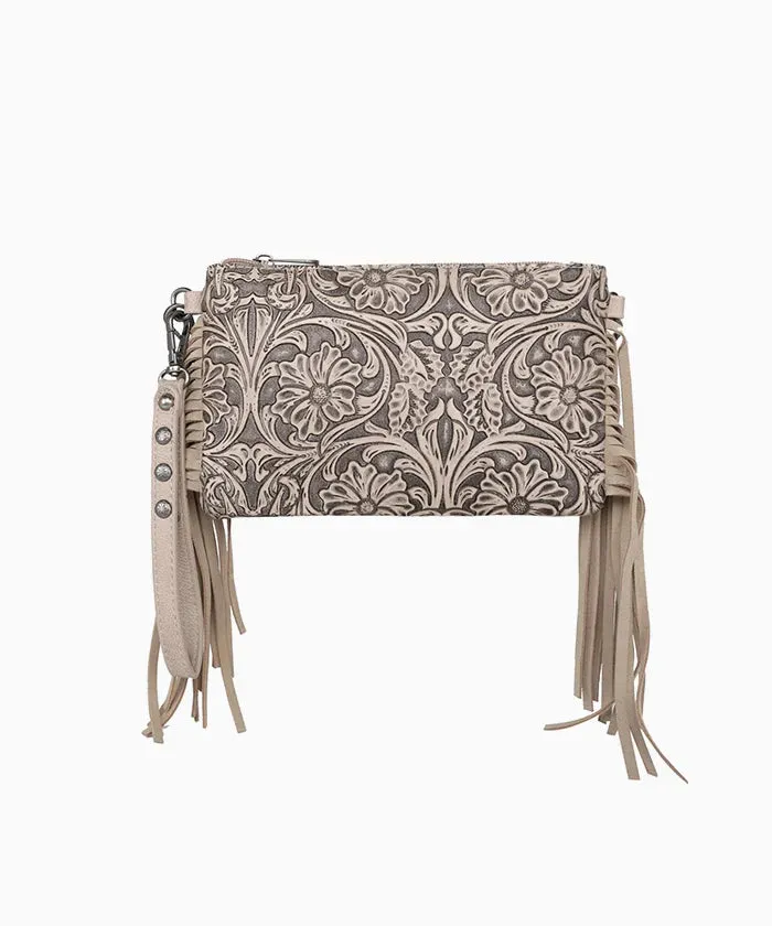 Montana West Floral Embossed Fringe Crossbody Clutch