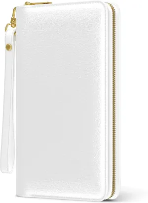 Nipichsha Womens Wallet, RFID Wristlet Wallet for Women, Cute Ladies Purse, Large Credit Card Clutch Purse, Leather Card Holder Wallets with Zipper & Phone Holder, White