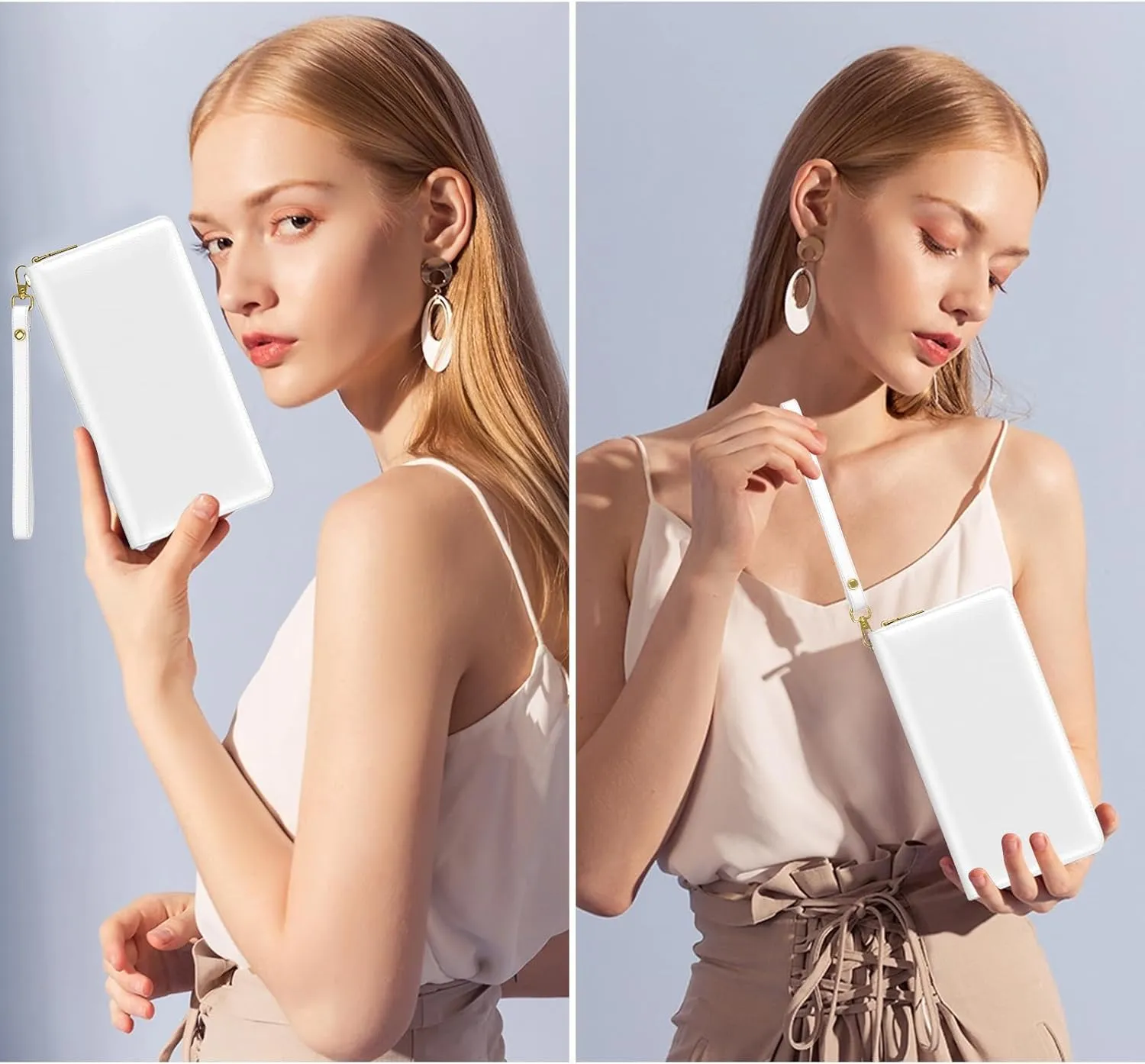Nipichsha Womens Wallet, RFID Wristlet Wallet for Women, Cute Ladies Purse, Large Credit Card Clutch Purse, Leather Card Holder Wallets with Zipper & Phone Holder, White