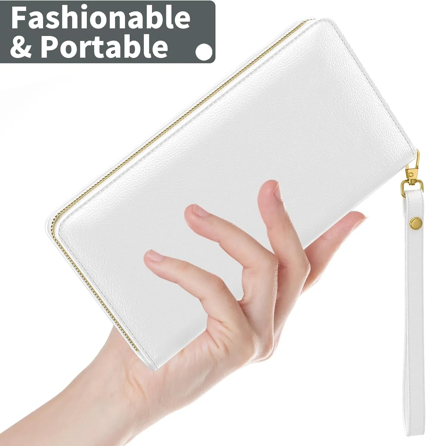Nipichsha Womens Wallet, RFID Wristlet Wallet for Women, Cute Ladies Purse, Large Credit Card Clutch Purse, Leather Card Holder Wallets with Zipper & Phone Holder, White