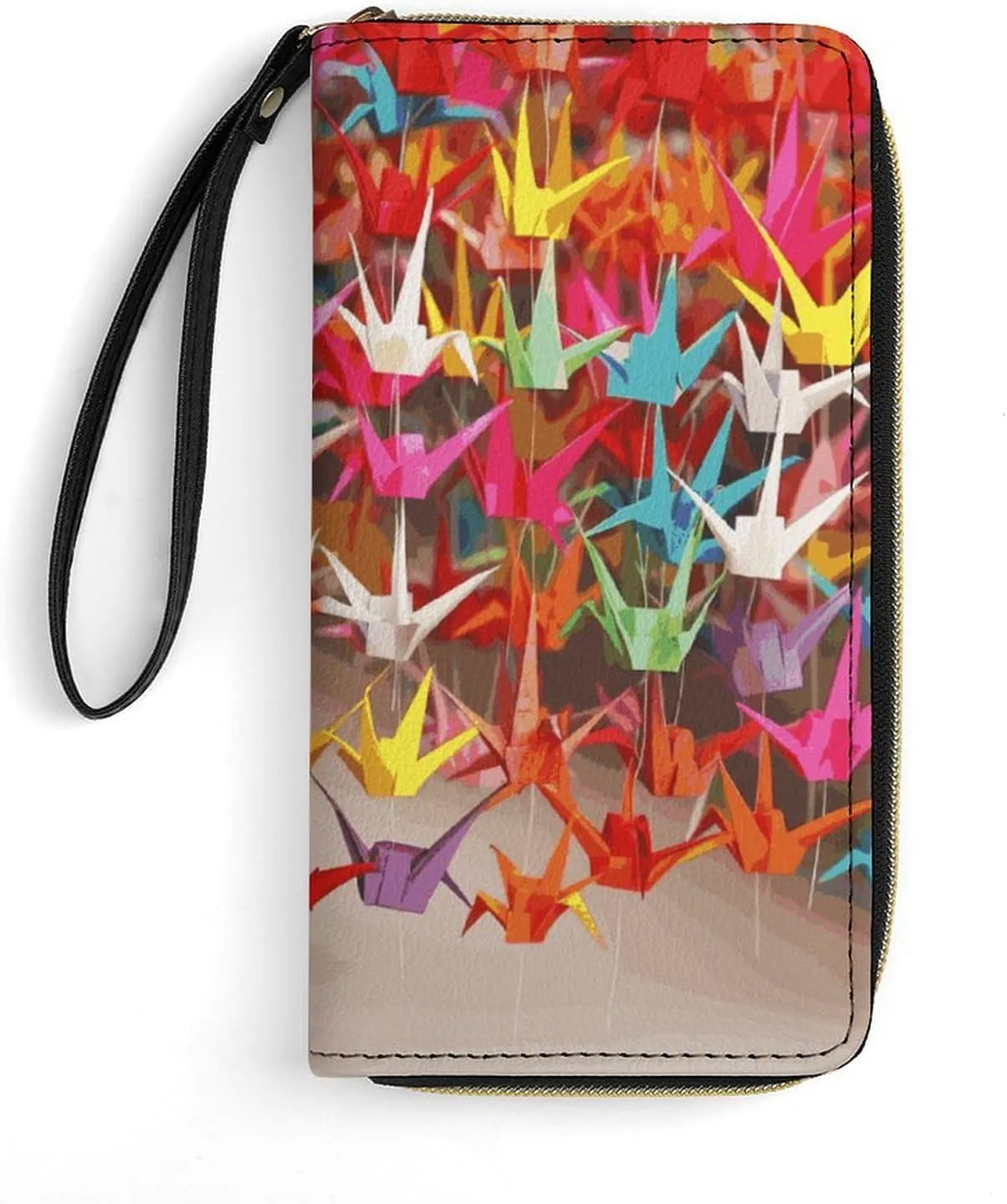 Origami Paper Cranes Leather Wallet Smooth Zip Around Clutch Wristlet Travel Long Soft Purse for Women