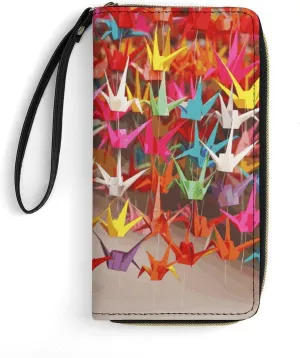 Origami Paper Cranes Leather Wallet Smooth Zip Around Clutch Wristlet Travel Long Soft Purse for Women