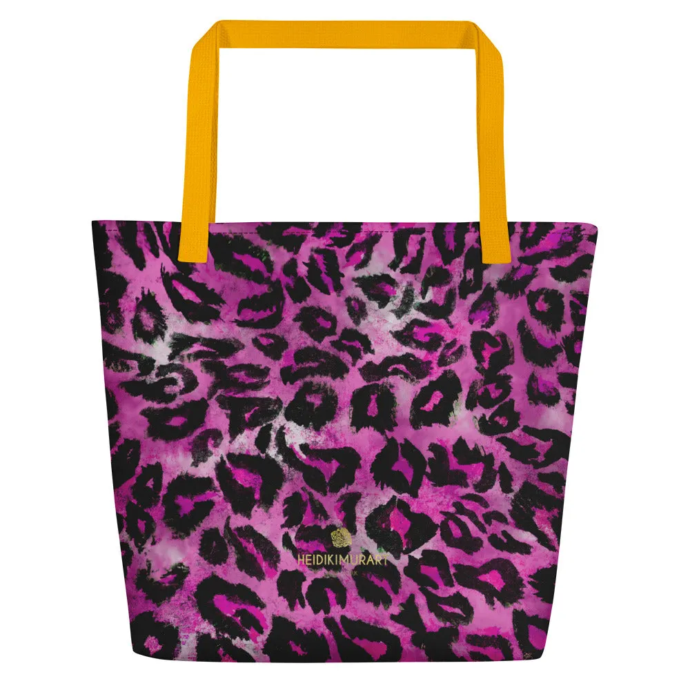 Pink Leopard Large Tote, Animal Print 16"x20" Beach Bag With Large Inside Pocket- Made in USA/EU