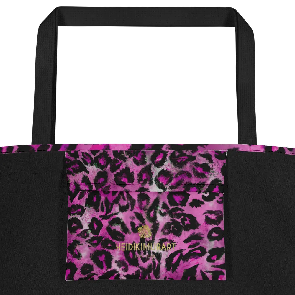 Pink Leopard Large Tote, Animal Print 16"x20" Beach Bag With Large Inside Pocket- Made in USA/EU
