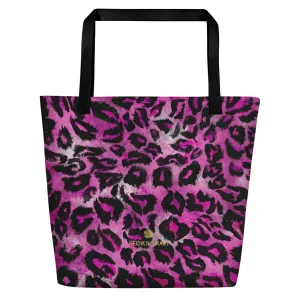 Pink Leopard Large Tote, Animal Print 16"x20" Beach Bag With Large Inside Pocket- Made in USA/EU
