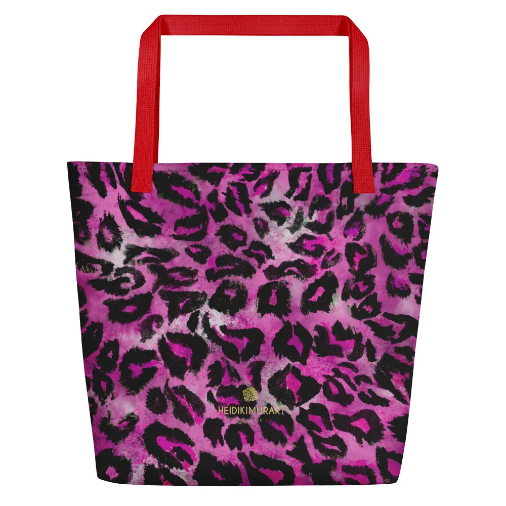 Pink Leopard Large Tote, Animal Print 16"x20" Beach Bag With Large Inside Pocket- Made in USA/EU