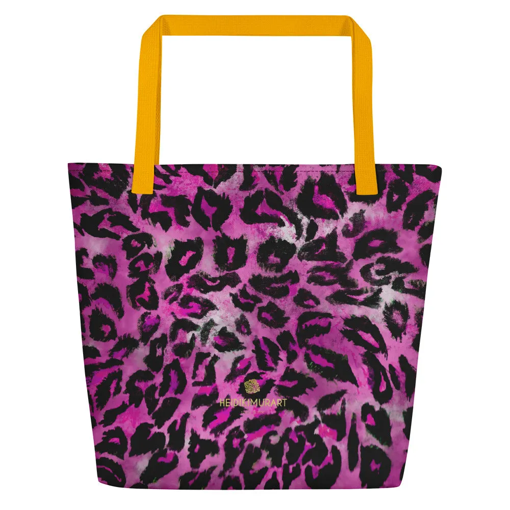 Pink Leopard Large Tote, Animal Print 16"x20" Beach Bag With Large Inside Pocket- Made in USA/EU