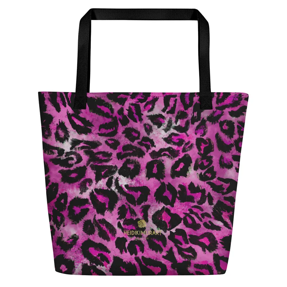 Pink Leopard Large Tote, Animal Print 16"x20" Beach Bag With Large Inside Pocket- Made in USA/EU