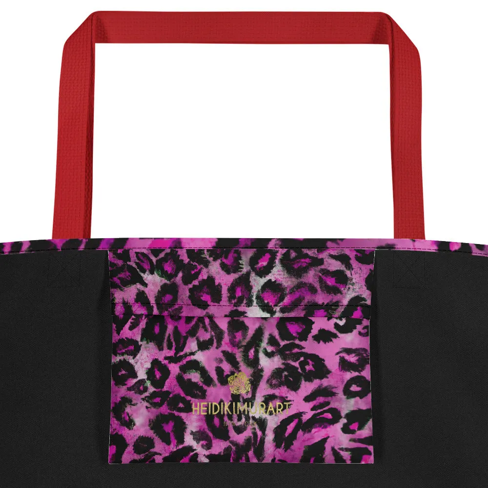 Pink Leopard Large Tote, Animal Print 16"x20" Beach Bag With Large Inside Pocket- Made in USA/EU