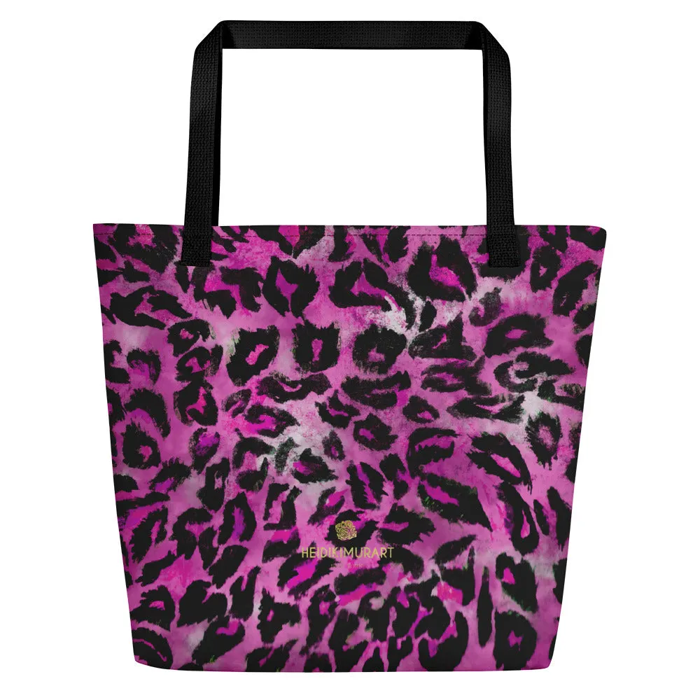 Pink Leopard Large Tote, Animal Print 16"x20" Beach Bag With Large Inside Pocket- Made in USA/EU