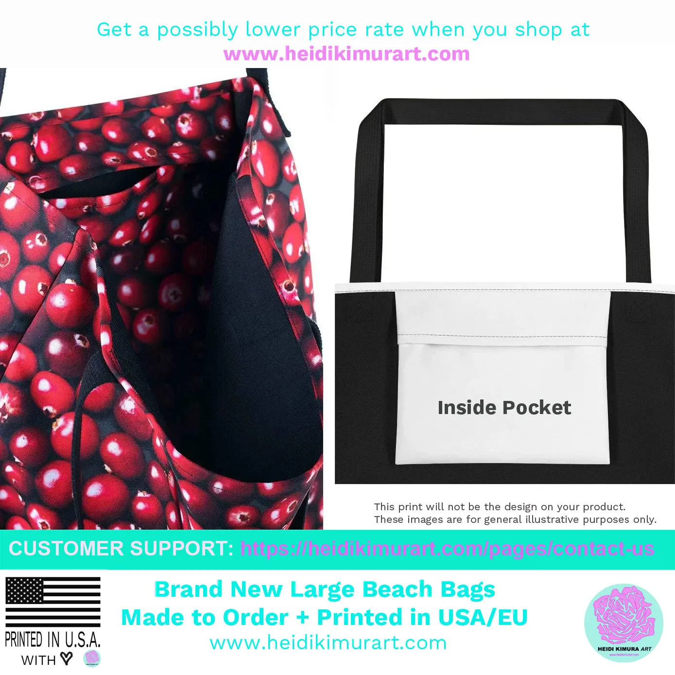 Pink Leopard Large Tote, Animal Print 16"x20" Beach Bag With Large Inside Pocket- Made in USA/EU