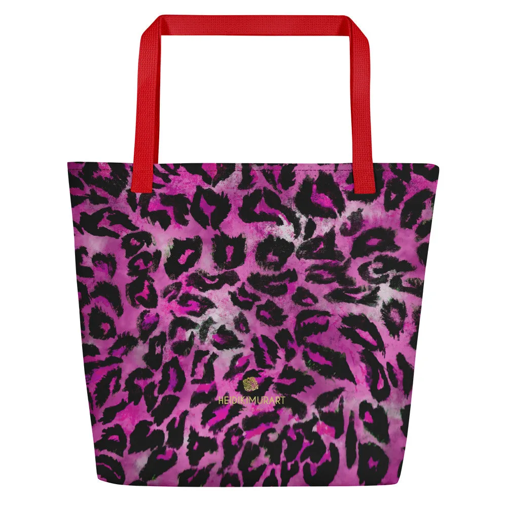 Pink Leopard Large Tote, Animal Print 16"x20" Beach Bag With Large Inside Pocket- Made in USA/EU