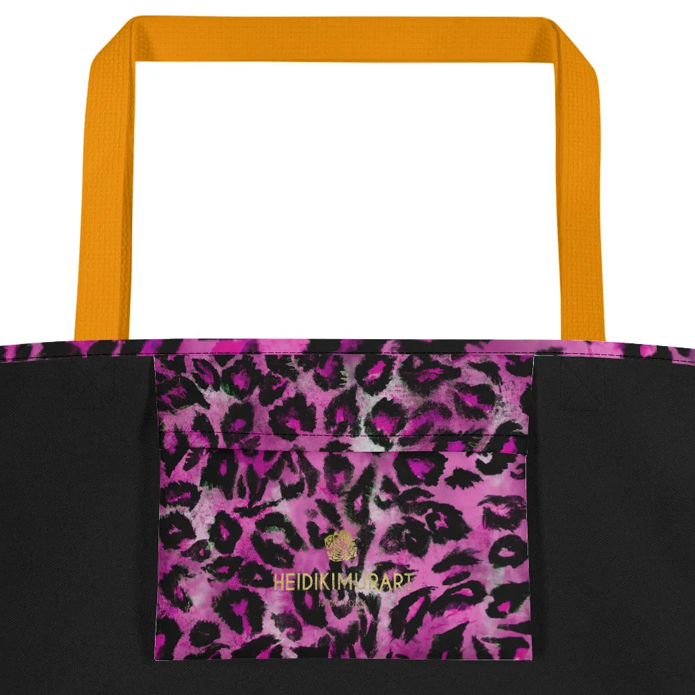 Pink Leopard Large Tote, Animal Print 16"x20" Beach Bag With Large Inside Pocket- Made in USA/EU