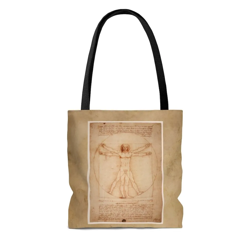 Premium Polyester Tote Bag - Vintage Art | Leonardo da Vinci: Vitruvian Man | Artsy Tote Bag, Graphic Tote Bag, Aesthetic Tote Bag