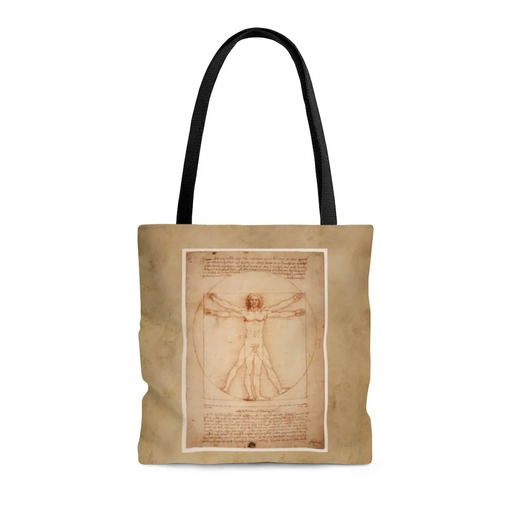 Premium Polyester Tote Bag - Vintage Art | Leonardo da Vinci: Vitruvian Man | Artsy Tote Bag, Graphic Tote Bag, Aesthetic Tote Bag