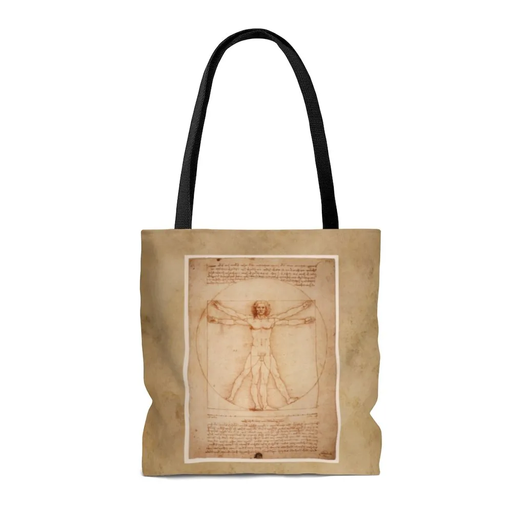 Premium Polyester Tote Bag - Vintage Art | Leonardo da Vinci: Vitruvian Man | Artsy Tote Bag, Graphic Tote Bag, Aesthetic Tote Bag