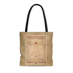 Premium Polyester Tote Bag - Vintage Art | Leonardo da Vinci: Vitruvian Man | Artsy Tote Bag, Graphic Tote Bag, Aesthetic Tote Bag