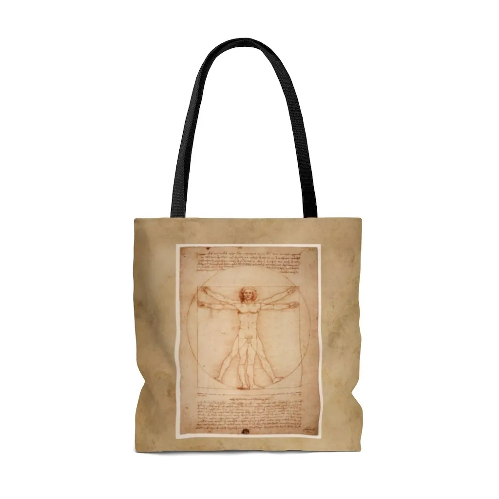 Premium Polyester Tote Bag - Vintage Art | Leonardo da Vinci: Vitruvian Man | Artsy Tote Bag, Graphic Tote Bag, Aesthetic Tote Bag