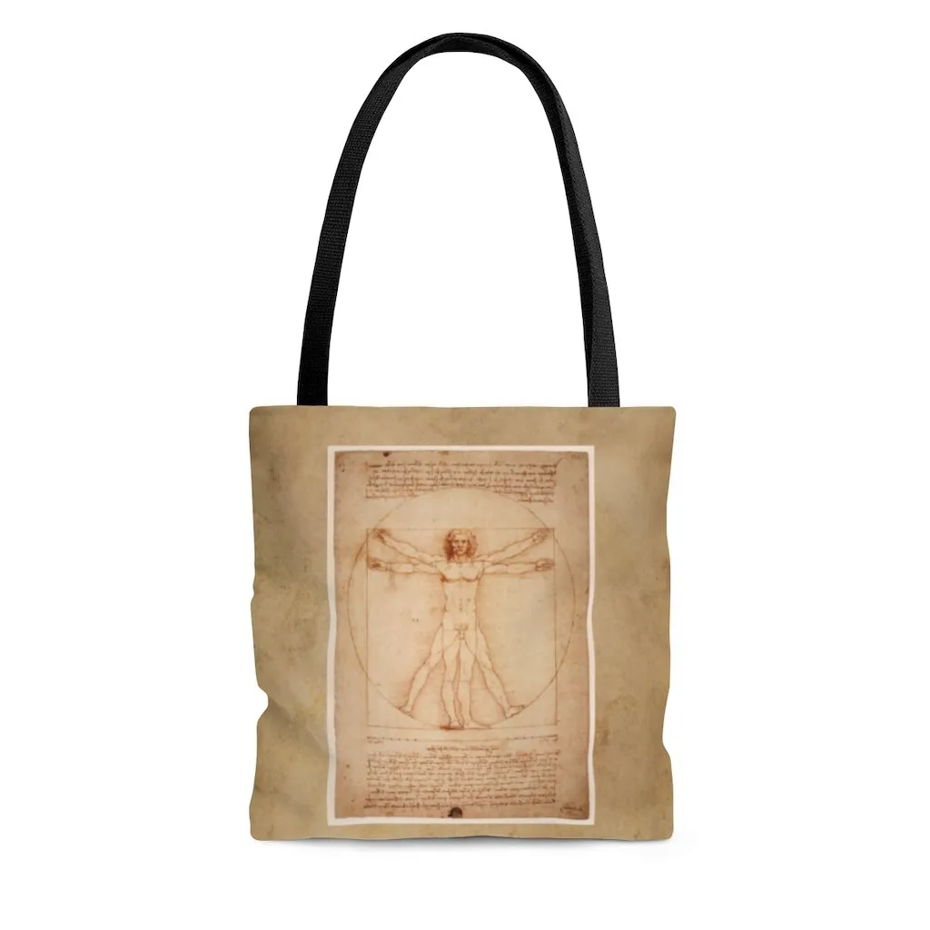Premium Polyester Tote Bag - Vintage Art | Leonardo da Vinci: Vitruvian Man | Artsy Tote Bag, Graphic Tote Bag, Aesthetic Tote Bag