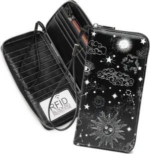 Rfid Blocking Wristlet Large Wallet for Women Credit Card Holder Bifold Designer Zipper Phone Long Wallet Purse Starry Sky