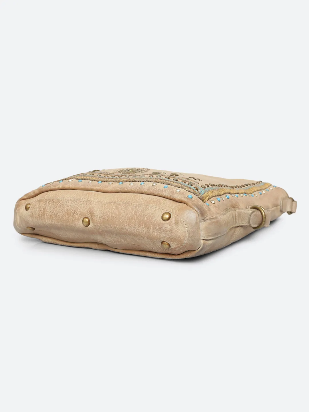 Savio: Cream Embellished Hobo Bag In Veg Tan Leather