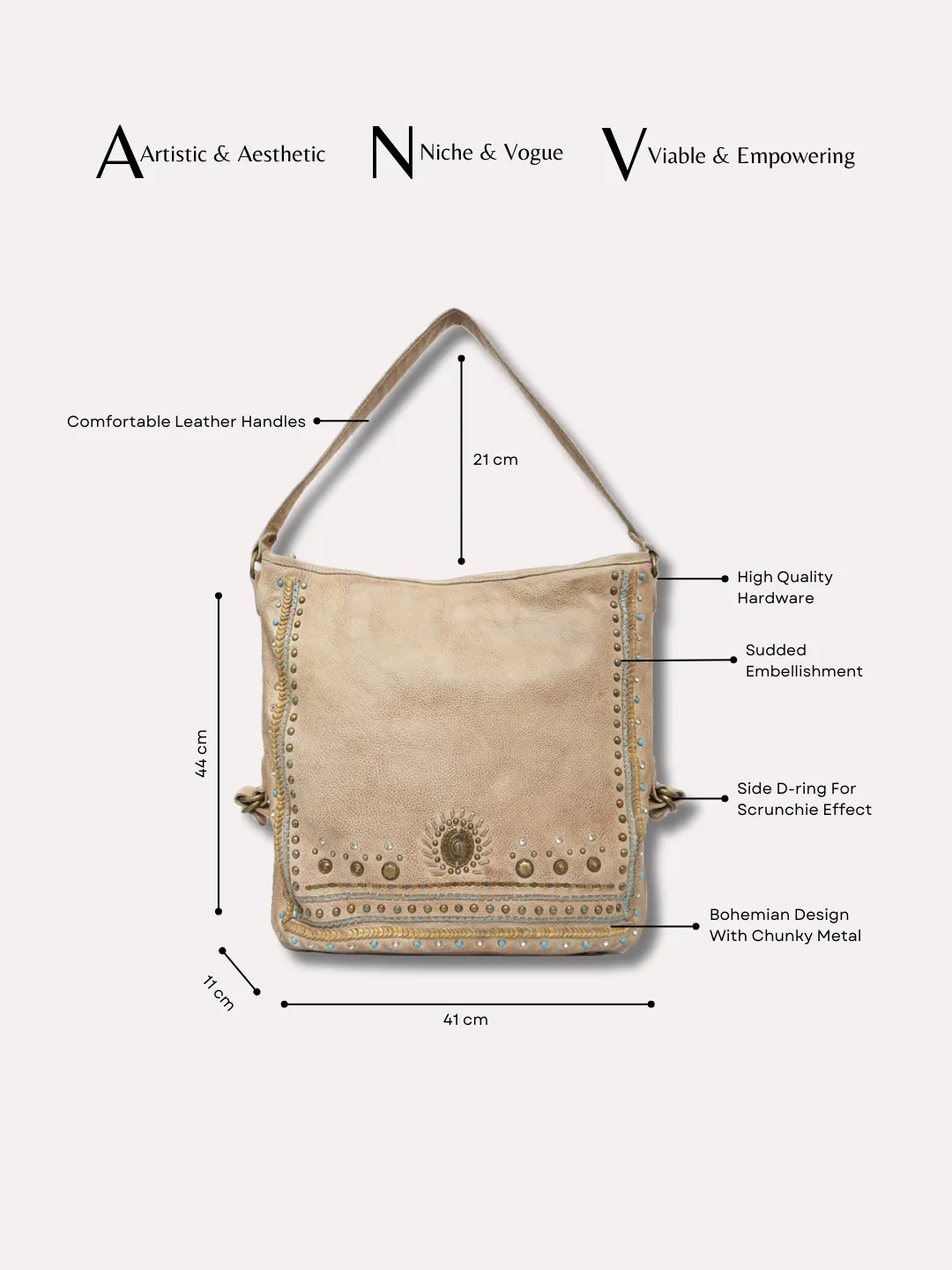 Savio: Cream Embellished Hobo Bag In Veg Tan Leather