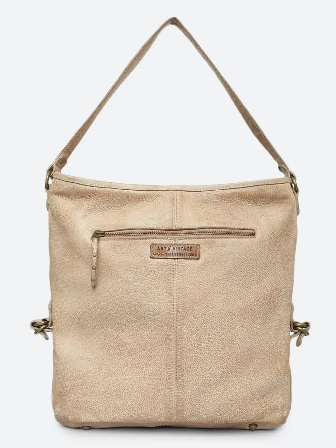 Savio: Cream Embellished Hobo Bag In Veg Tan Leather