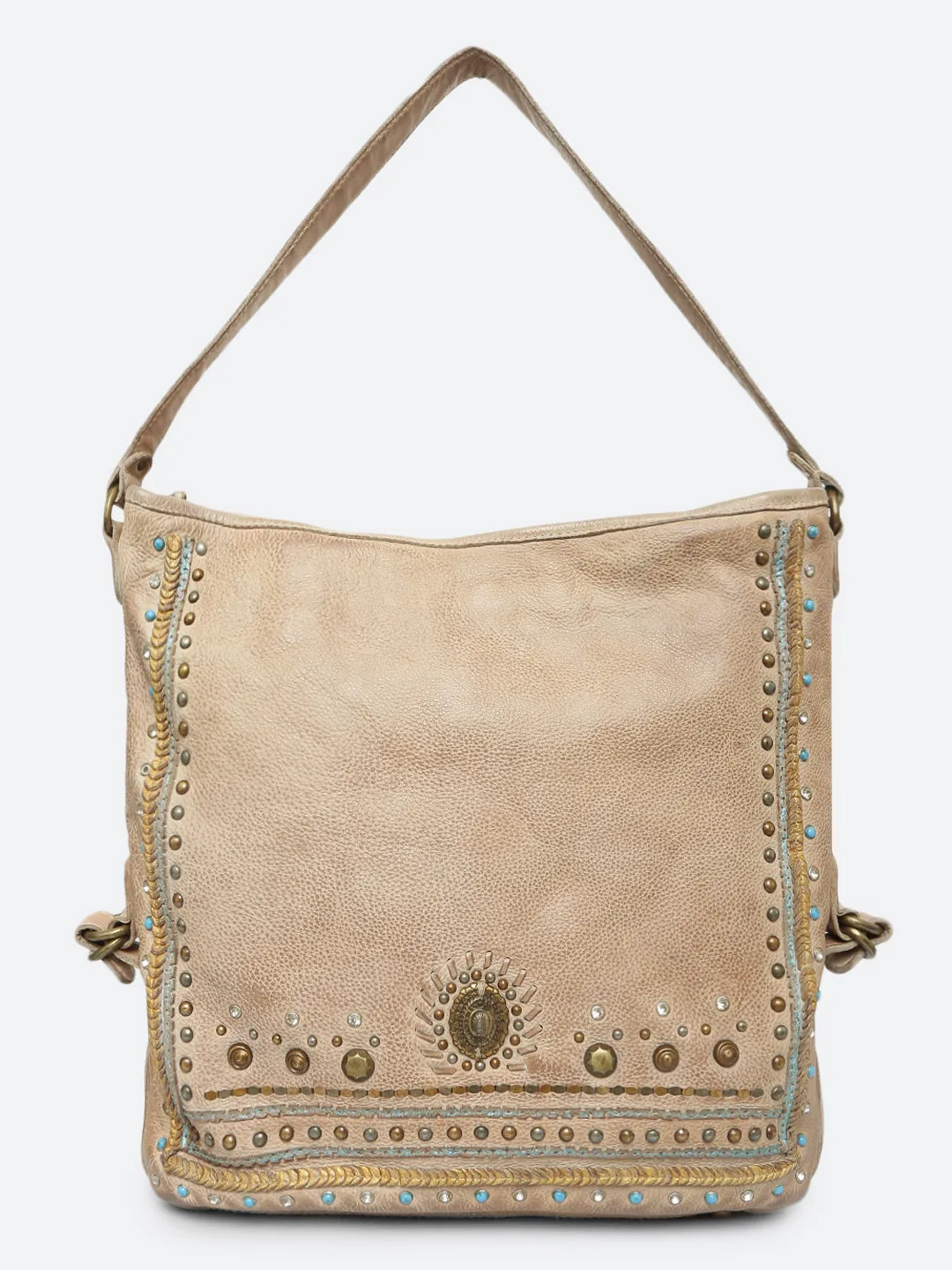 Savio: Cream Embellished Hobo Bag In Veg Tan Leather