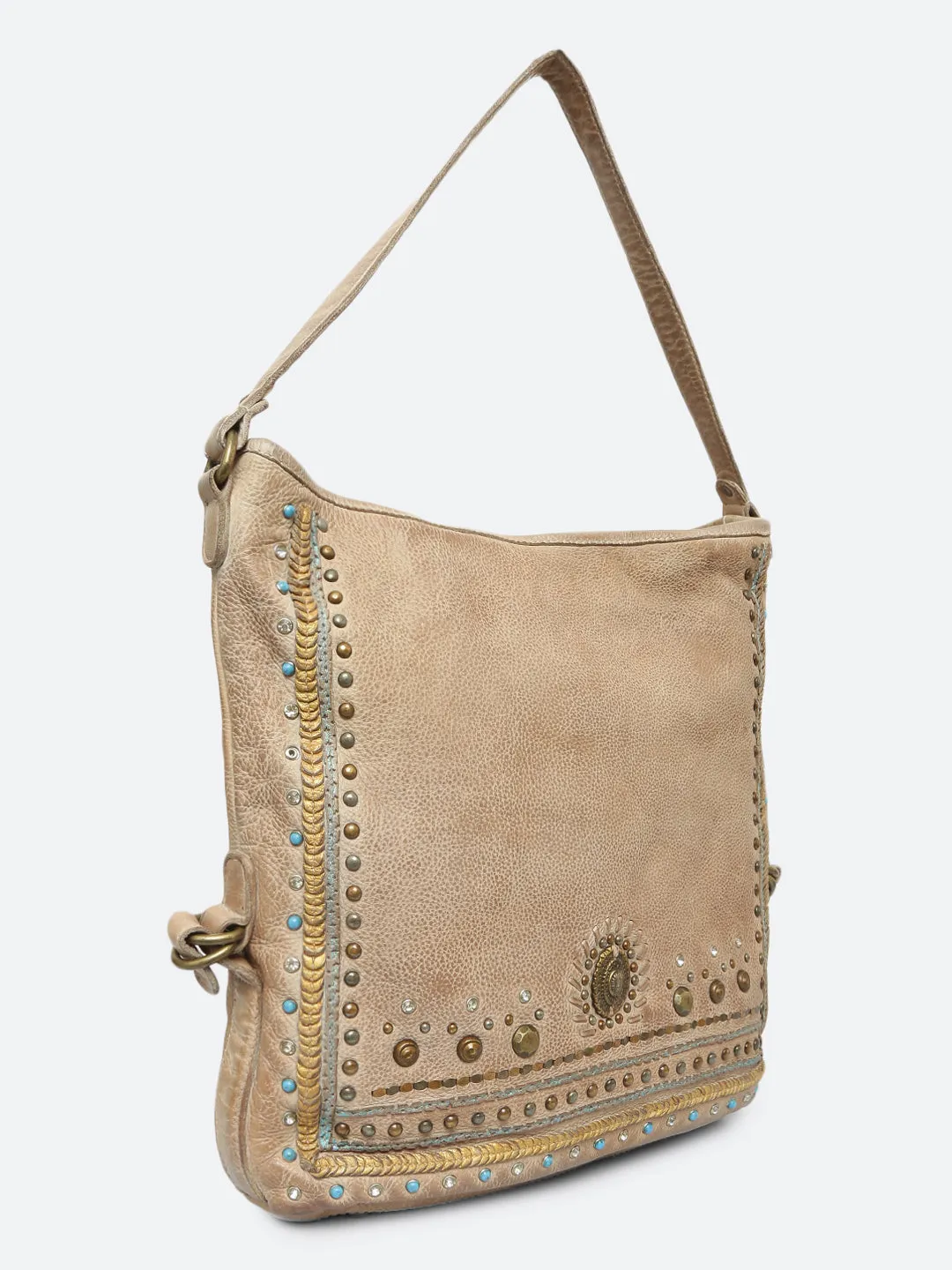 Savio: Cream Embellished Hobo Bag In Veg Tan Leather