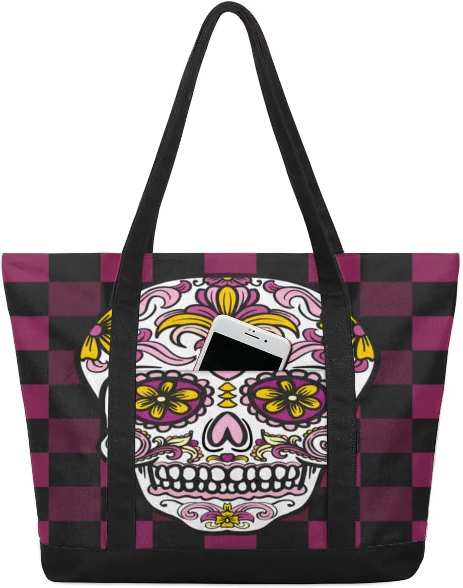 Sugar Skull Checkerboard Grid Tote Bag Tote Bag for Women Reusable Grocery Shopping Cloth Bags with Zipper Large Capacity Foldable Handbag Gym Bag for Gift Activity