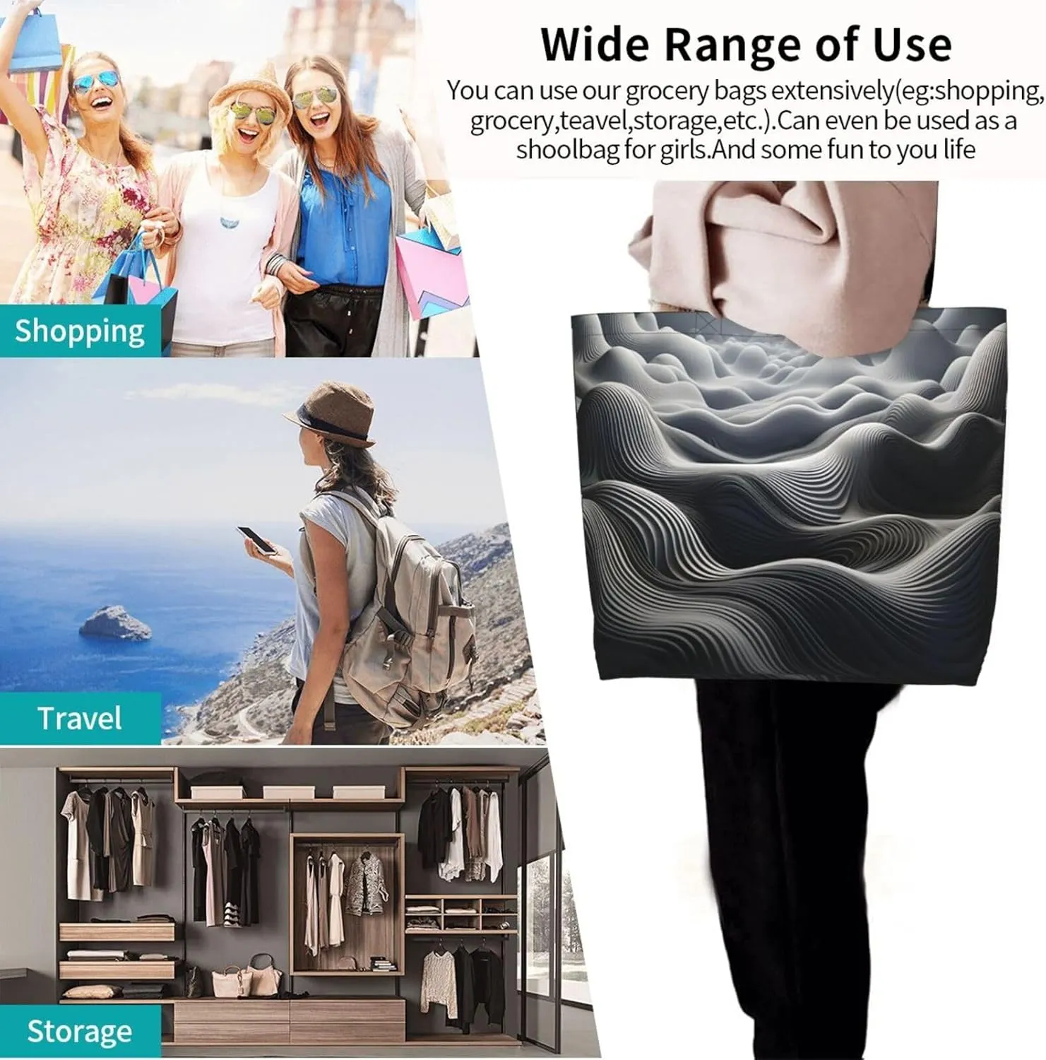 Tote Bag for Women Reusable Grocery Bag Shopping Bag Waves Tote Bags Handbag Foldable Shoulder Bag