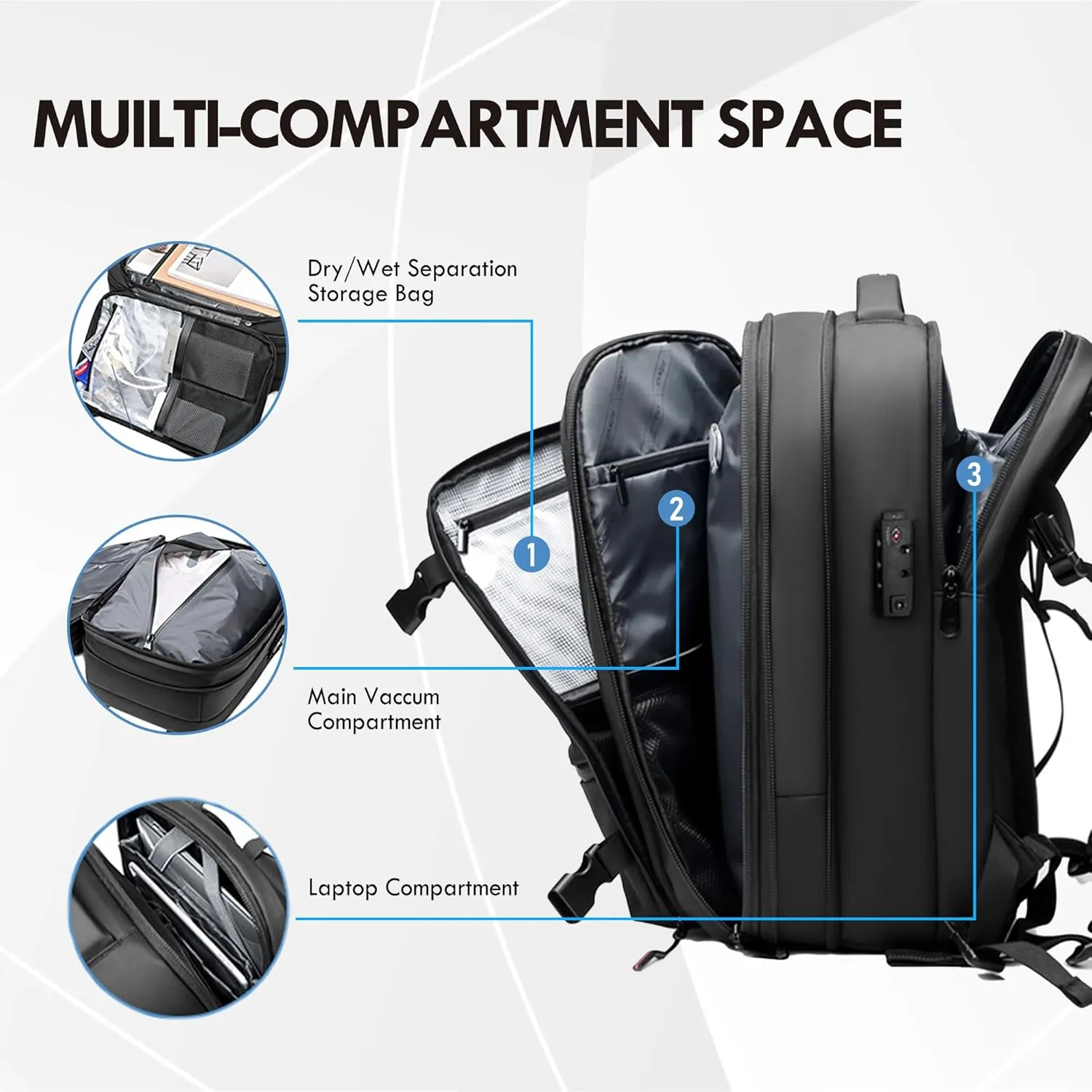 Vacuum Seal Backpack Travel 60L Expandable Air Compression System, Airback Vacpack Backpack TSA Lock Water Resistant Carry-On Luggage (Black, with Pump)