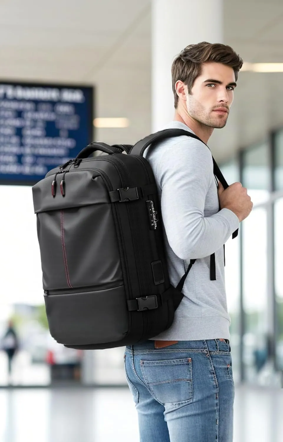 Vacuum Seal Backpack Travel 60L Expandable Air Compression System, Airback Vacpack Backpack TSA Lock Water Resistant Carry-On Luggage (Black, with Pump)