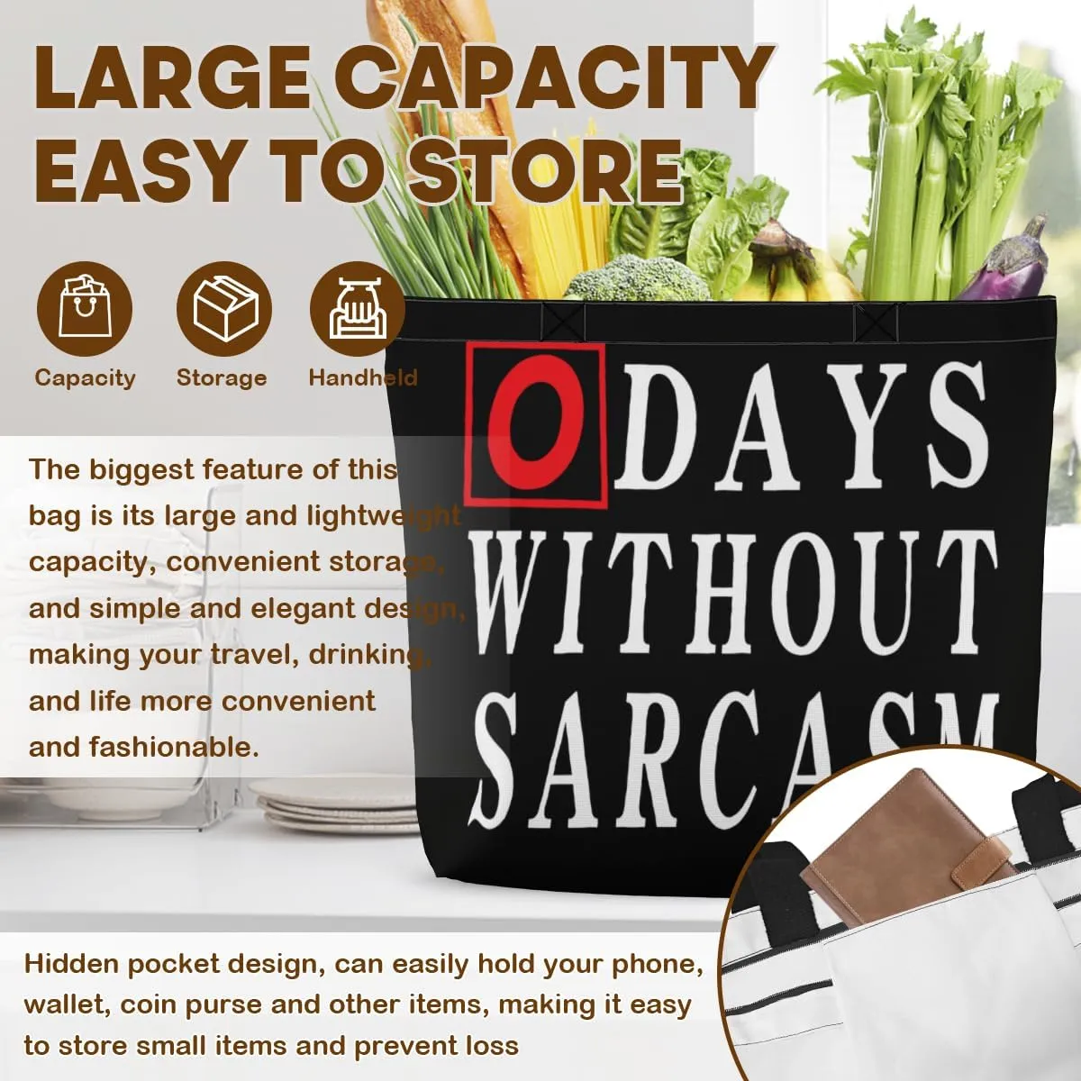 Women's Men Large Kitchen Reusable Grocery Bags Shoulder Bags With Zipper Beach Shopping Bag for Outdoors