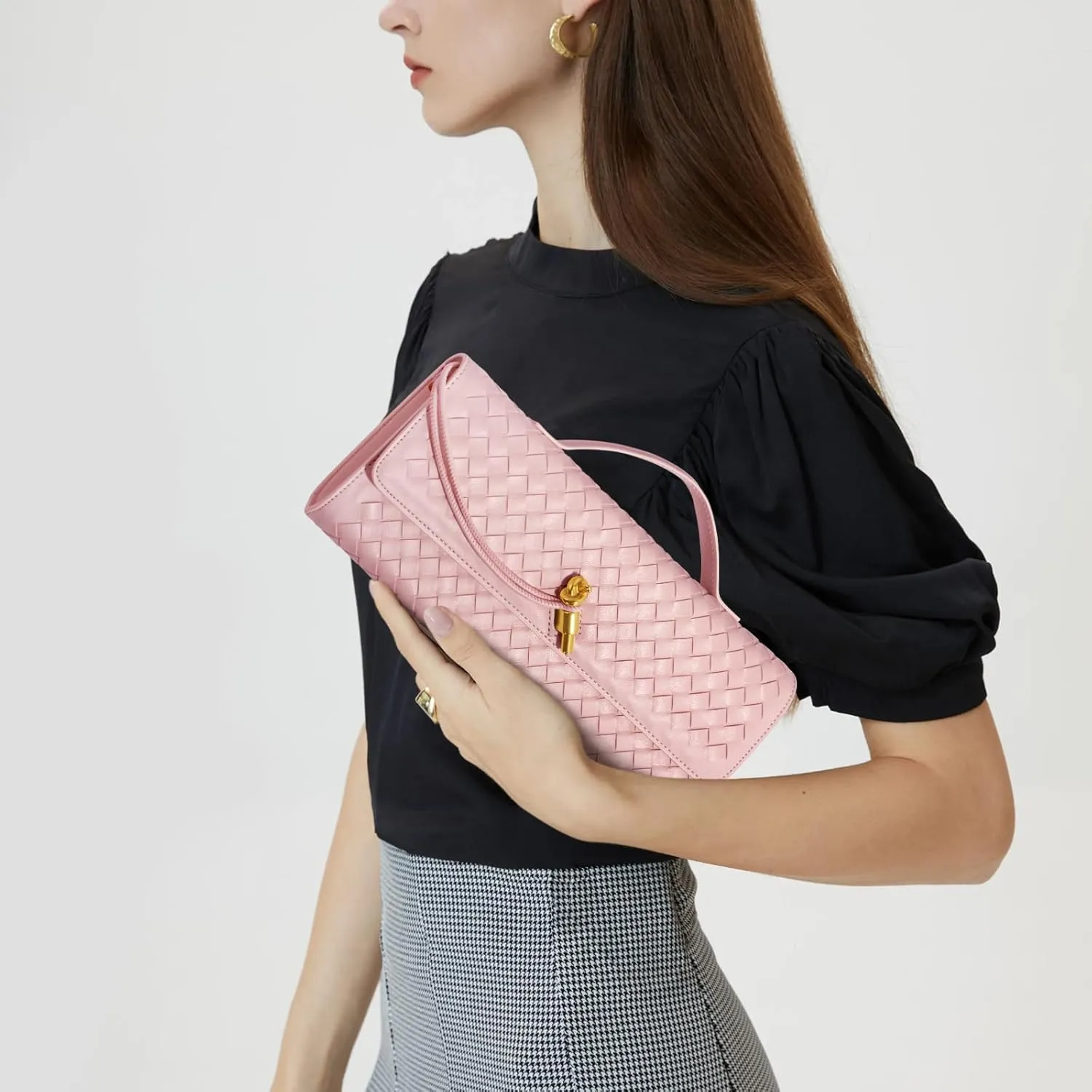 Woven Clutch Purses for Women, Formal Satchel Leather Evening Bag Shoulder Handbag