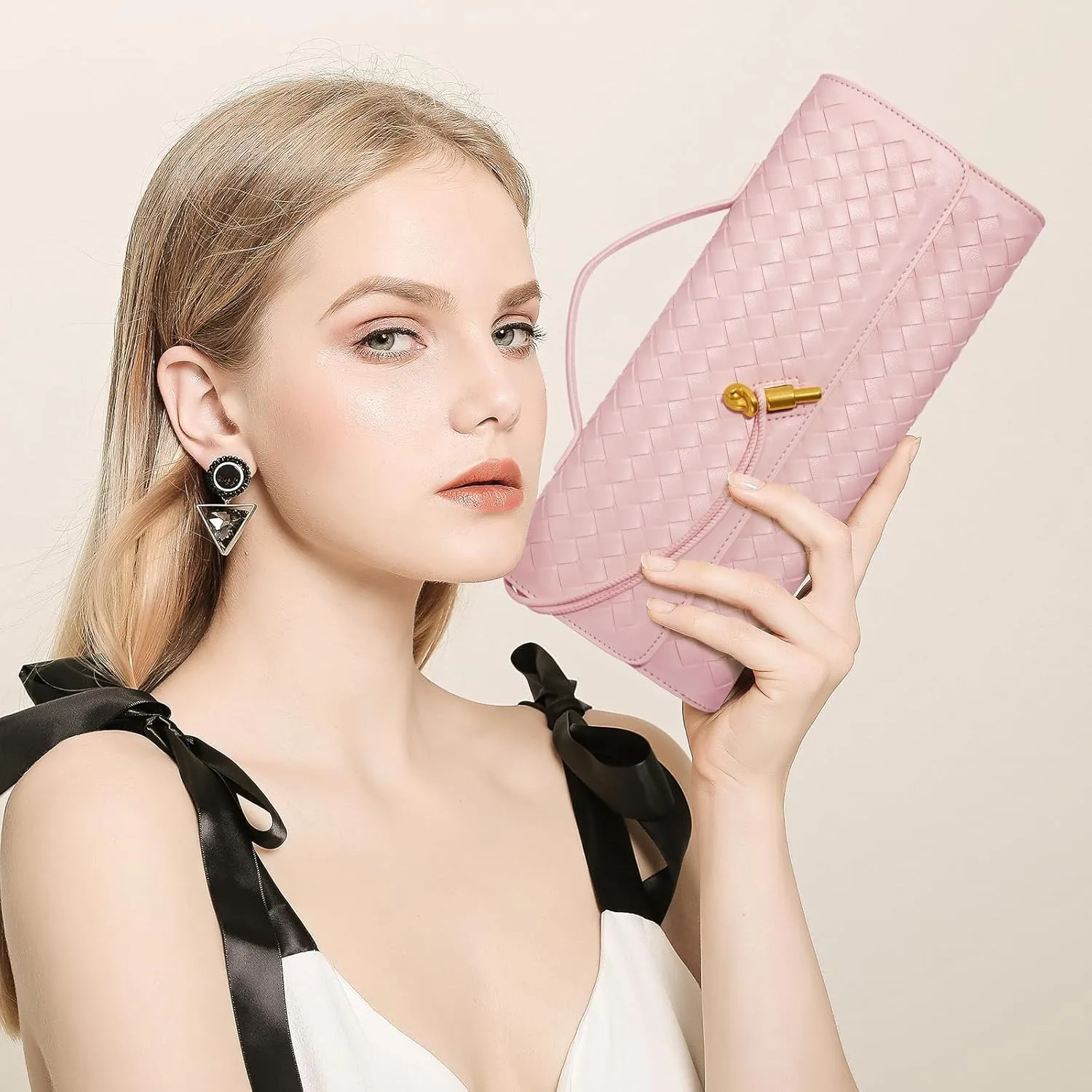 Woven Clutch Purses for Women, Formal Satchel Leather Evening Bag Shoulder Handbag
