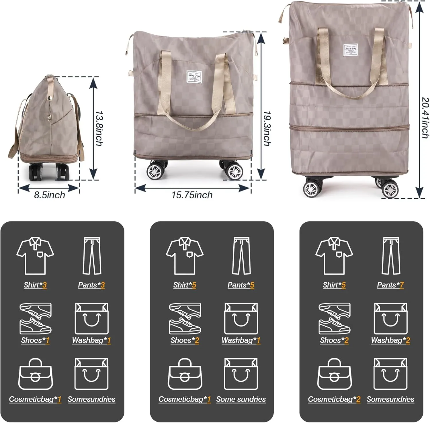 Zoofen Foldable Duffel Bag Expandable Travel Bag with Removable Wheels for Weekender Travel/Camping/Luggage Consignment(Khaki)